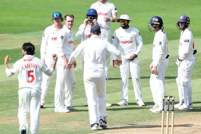 020725 - Glamorgan v Gloucestershire - Rothesay County Championship - Ben Kellaway of Glamorgan celebrates taking the wicket of Zaman Akhter of Gloucestershire