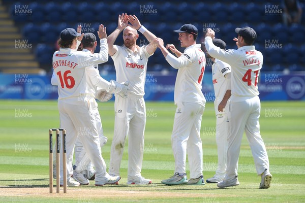 020725 - Glamorgan v Gloucestershire - Rothesay County Championship - James Harris of Glamorgan celebrates after taking the wicket of Cameron Bancroft of Gloucestershire