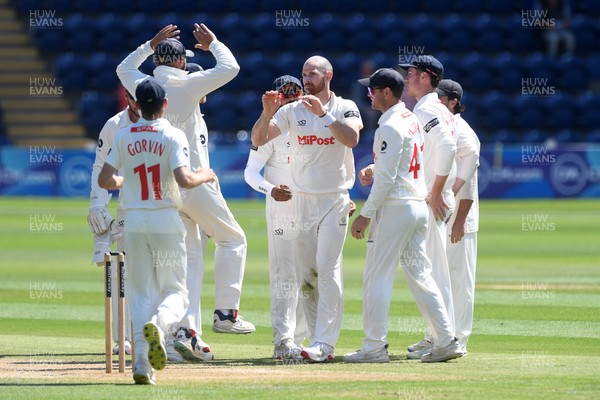 020725 - Glamorgan v Gloucestershire - Rothesay County Championship - James Harris of Glamorgan celebrates after taking the wicket of Cameron Bancroft of Gloucestershire