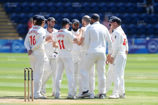 020725 - Glamorgan v Gloucestershire - Rothesay County Championship - James Harris of Glamorgan celebrates after taking the wicket of Cameron Bancroft of Gloucestershire