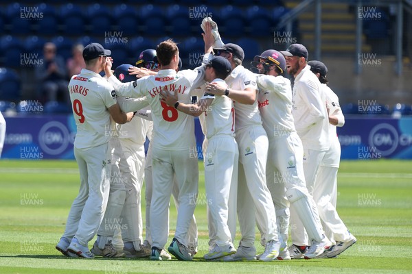 020725 - Glamorgan v Gloucestershire - Rothesay County Championship - Asa Tribe of Glamorgan celebrates after he catches the ball to dismiss Joe Phillips of Gloucestershire