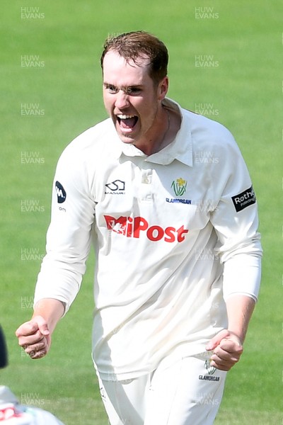 020725 - Glamorgan v Gloucestershire - Rothesay County Championship - Ben Kellaway of Glamorgan celebrates taking the wicket of Zaman Akhter of Gloucestershire