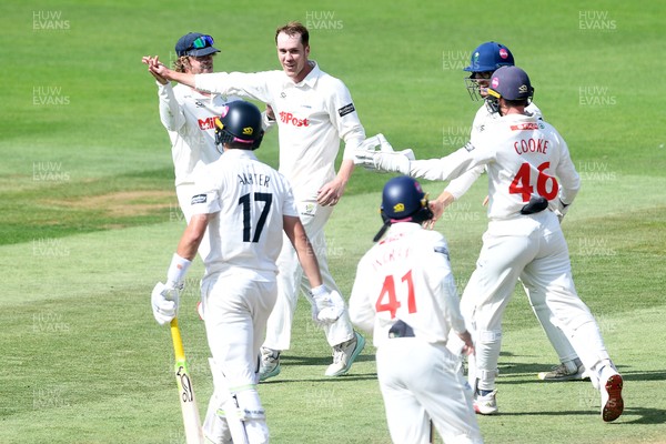 020725 - Glamorgan v Gloucestershire - Rothesay County Championship - Ben Kellaway of Glamorgan celebrates taking the wicket of Zaman Akhter of Gloucestershire