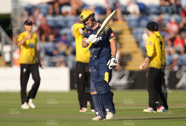 030818 - Glamorgan v Gloucestershire, Vitality Blast - Graham Wagg of Glamorgan reacts after he is given out LBW