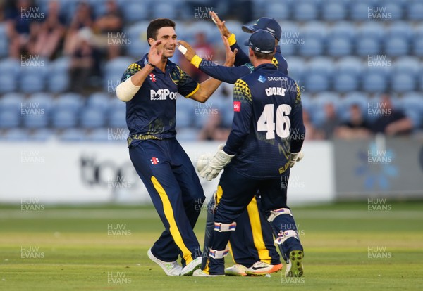 030818 - Glamorgan v Gloucestershire, Vitality Blast - Ruaidhri Smith of Glamorgan celebrates after taking his second wicket in two balls, that of Iain Cockbain of Gloucestershire