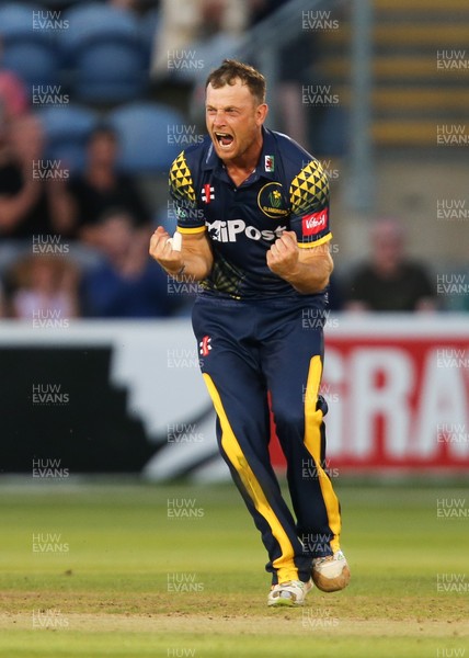 030818 - Glamorgan v Gloucestershire, Vitality Blast - Graham Wagg of Glamorgan celebrates after bowling out Benny Howell of Gloucestershire