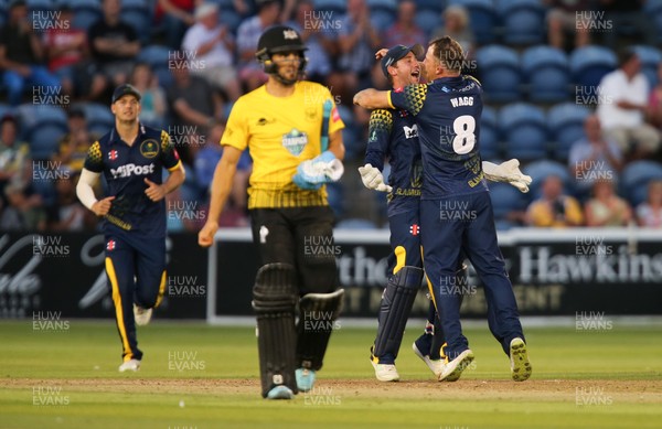 030818 - Glamorgan v Gloucestershire, Vitality Blast - Graham Wagg of Glamorgan celebrates after bowling out Benny Howell of Gloucestershire