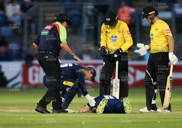 030818 - Glamorgan v Gloucestershire, Vitality Blast -  Players and officials show their concern after Graham Wagg of Glamorgan is struck by the ball while bowling