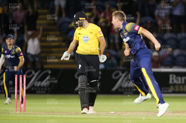 030818 - Glamorgan v Gloucestershire, Vitality Blast - Timm van der Gugten of Glamorgan bowls out Andrew Tye of Gloucestershire with the final ball to win the match