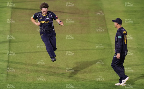 070622 -  Glamorgan v Gloucestershire, T20 Vitality Blast - Dan Douthwaite of Glamorgan  celebrates after taking the wicket of Ryan Higgins of Gloucestershire for 0