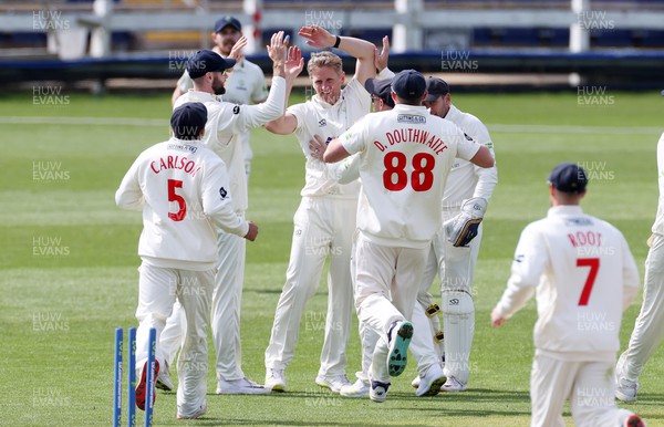 080423 - Glamorgan v Gloucestershire - LV= County Championship - Timm Van Der Gugten of Glamorgan celebrates after taking the wicket of Chris Dent