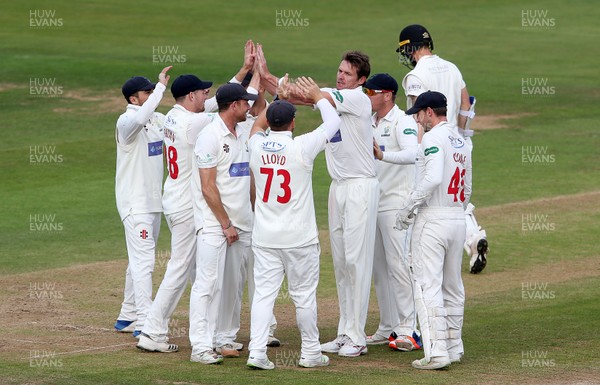 100918 - Glamorgan v Gloucestershire - Specsavers Championship Division Two - Michael Hogan of Glamorgan celebrates with team mates after bowling Chris Dent out for LBW
