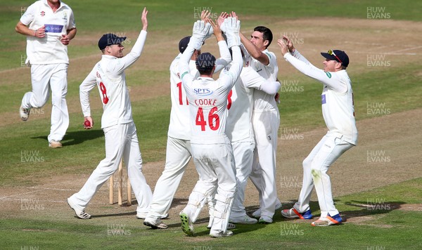 100918 - Glamorgan v Gloucestershire - Specsavers Championship Division Two - Ruaidhri Smith of Glamorgan celebrates with team mates after bowling Miles Hammond out for LBW