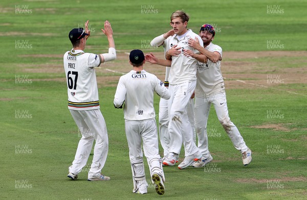 120921 - Glamorgan v Gloucestershire - LV= County Championship - Jared Warner of Gloucestershire celebrates after bowling out Hamish Rutherford
