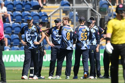 130725 - Glamorgan v Gloucestershire - T20, Vitality Blast - Timm Van Der Gugten of Glamorgan catches the ball to dismiss D'Arcy Short of Gloucestershire