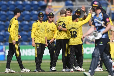 130725 - Glamorgan v Gloucestershire - T20, Vitality Blast - Marchant de Lange of Gloucestershire celebrates taking the wicket of Alex Horton of Glamorgan