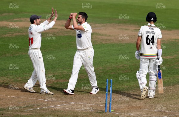 140921 - Glamorgan v Gloucestershire - LV= County Championship - Ruaidhri Smith of Glamorgan celebrates taking the wicket of Ben Charlesworth of Gloucestershire with Andrew Salter