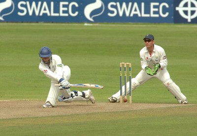 15.08.08 .. Glamorgan v Gloucestershire, LV County Championship, Swalec Stadium, Cardiff.- Chris Taylor of Gloucestershire with Glamorgan keeper Mark Wallace  