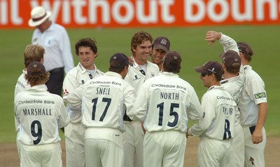 15.08.08 .. Glamorgan v Gloucestershire, LV County Championship, Swalec Stadium, Cardiff.- Gloucestershires Oliver Newby celebrates taking Grants wicket  