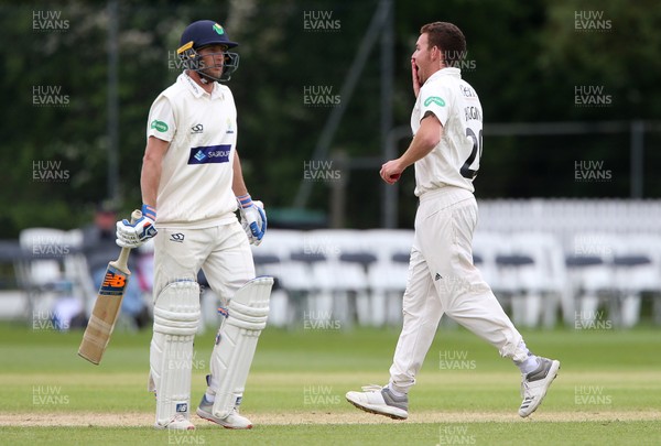 170519 - Glamorgan v Gloucestershire - Specsavers County Championship Division Two - Ryan Higgins of Gloucestershire celebrates bowling and catching Billy Root of Glamorgan