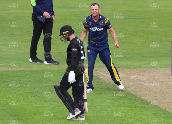 180518 - Glamorgan v Gloucestershire, Royal London One Day Cup - Graham Wagg of Glamorgan reacts after taking the wicket of Chris Dent of Gloucestershire