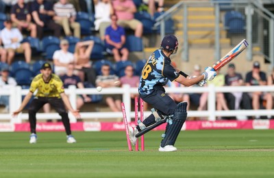 230526 - Glamorgan v Gloucestershire, Vitality Blast Men - Will Smale of Glamorgan is bowled