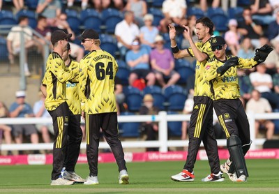 230526 - Glamorgan v Gloucestershire, Vitality Blast Men - Gloucestershire celebrate taking the wicket of Will Smale of Glamorgan