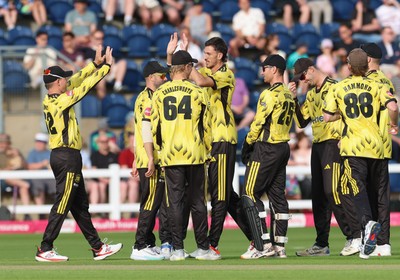230526 - Glamorgan v Gloucestershire, Vitality Blast Men - Gloucestershire celebrate taking the wicket of Will Smale of Glamorgan