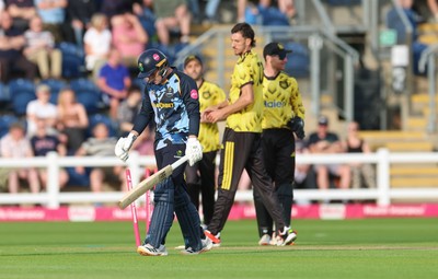 230526 - Glamorgan v Gloucestershire, Vitality Blast Men - Duan Jansen of Gloucestershire celebrates as Alex Horton of Glamorgan is bowled