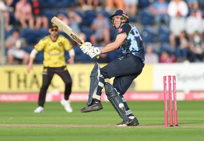 230526 - Glamorgan v Gloucestershire, Vitality Blast Men -  Henry Hurle of Glamorgan  plays a shot