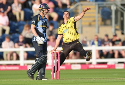 230526 - Glamorgan v Gloucestershire, Vitality Blast Men -  Marchant de Lange of Gloucestershire bowls