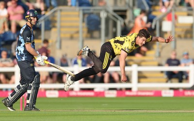 230526 - Glamorgan v Gloucestershire, Vitality Blast Men -  Marchant de Lange of Gloucestershire bowls