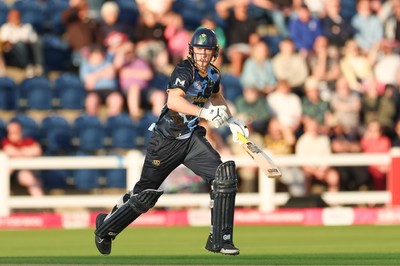 230526 - Glamorgan v Gloucestershire, Vitality Blast Men -  Henry Hurle of Glamorgan adds the runs alongside Timm van der Gugten of Glamorgan