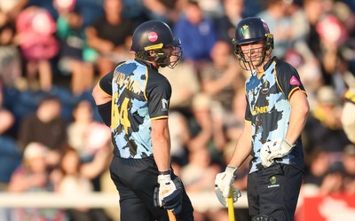 230526 - Glamorgan v Gloucestershire, Vitality Blast Men -  Henry Hurle of Glamorgan alongside Timm van der Gugten of Glamorgan
