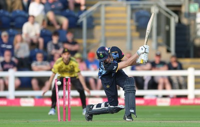 230526 - Glamorgan v Gloucestershire, Vitality Blast Men -  Henry Hurle of Glamorgan is bowled by Duan Jansen of Gloucestershire