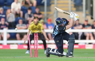 230526 - Glamorgan v Gloucestershire, Vitality Blast Men -  Henry Hurle of Glamorgan is bowled by Duan Jansen of Gloucestershire