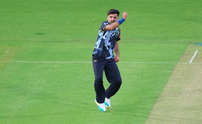 230526 - Glamorgan v Gloucestershire, Vitality Blast Men -  Fazalhaq Farooqi of Glamorgan celebrates as he takes the wicket of Ollie Price of Gloucestershire
