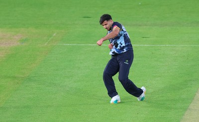 230526 - Glamorgan v Gloucestershire, Vitality Blast Men -  Fazalhaq Farooqi of Glamorgan celebrates as he takes the wicket of Ollie Price of Gloucestershire