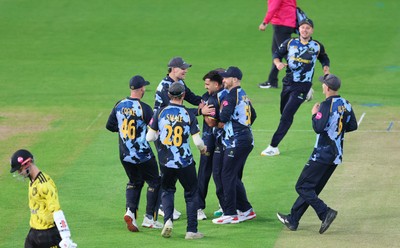 230526 - Glamorgan v Gloucestershire, Vitality Blast Men -  Fazalhaq Farooqi of Glamorgan celebrates as he takes the wicket of Ollie Price of Gloucestershire