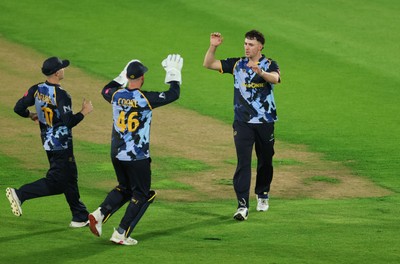 230526 - Glamorgan v Gloucestershire, Vitality Blast Men -  Ned Leonard of Glamorgan celebrates after taking the wicket of Miles Hammond of Gloucestershire