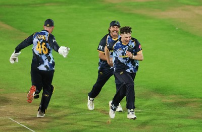 230526 - Glamorgan v Gloucestershire, Vitality Blast Men -  Ned Leonard of Glamorgan celebrates after James Bracey of Gloucestershire is given out hit wicket