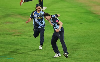 230526 - Glamorgan v Gloucestershire, Vitality Blast Men -  Ned Leonard of Glamorgan celebrates after James Bracey of Gloucestershire is given out hit wicket
