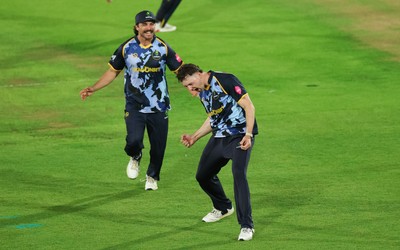 230526 - Glamorgan v Gloucestershire, Vitality Blast Men -  Ned Leonard of Glamorgan celebrates after James Bracey of Gloucestershire is given out hit wicket