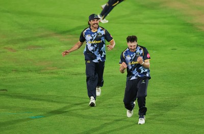 230526 - Glamorgan v Gloucestershire, Vitality Blast Men -  Ned Leonard of Glamorgan celebrates after James Bracey of Gloucestershire is given out hit wicket