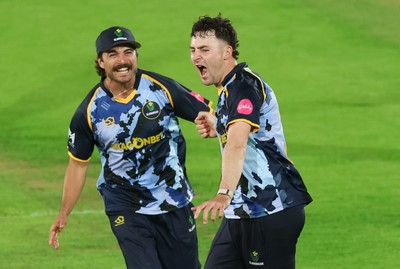 230526 - Glamorgan v Gloucestershire, Vitality Blast Men -  Ned Leonard of Glamorgan celebrates after James Bracey of Gloucestershire is given out hit wicket