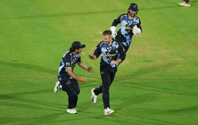230526 - Glamorgan v Gloucestershire, Vitality Blast Men -  Mason Crane of Glamorgan celebrates after Sean Dickson of Glamorgan catches Duan Jansen of Gloucestershire off his bowling