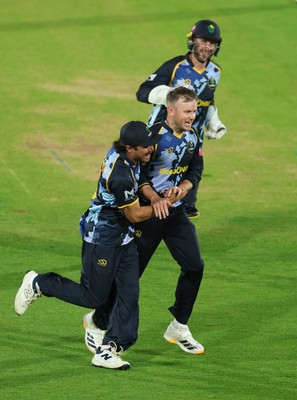 230526 - Glamorgan v Gloucestershire, Vitality Blast Men -  Mason Crane of Glamorgan celebrates after Sean Dickson of Glamorgan catches Duan Jansen of Gloucestershire off his bowling