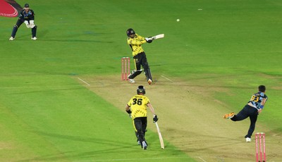 230526 - Glamorgan v Gloucestershire, Vitality Blast Men -  Kamran Dhariwal of Gloucestershire hits a six in the final over