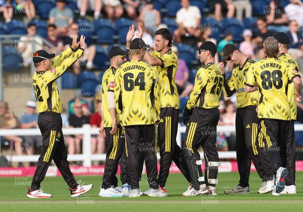 230526 - Glamorgan v Gloucestershire, Vitality Blast Men - Gloucestershire celebrate taking the wicket of Will Smale of Glamorgan
