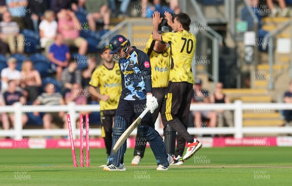 230526 - Glamorgan v Gloucestershire, Vitality Blast Men - Duan Jansen of Gloucestershire celebrates as Alex Horton of Glamorgan is bowled